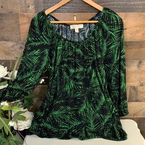 Green and Black Leaf Print Women's Top